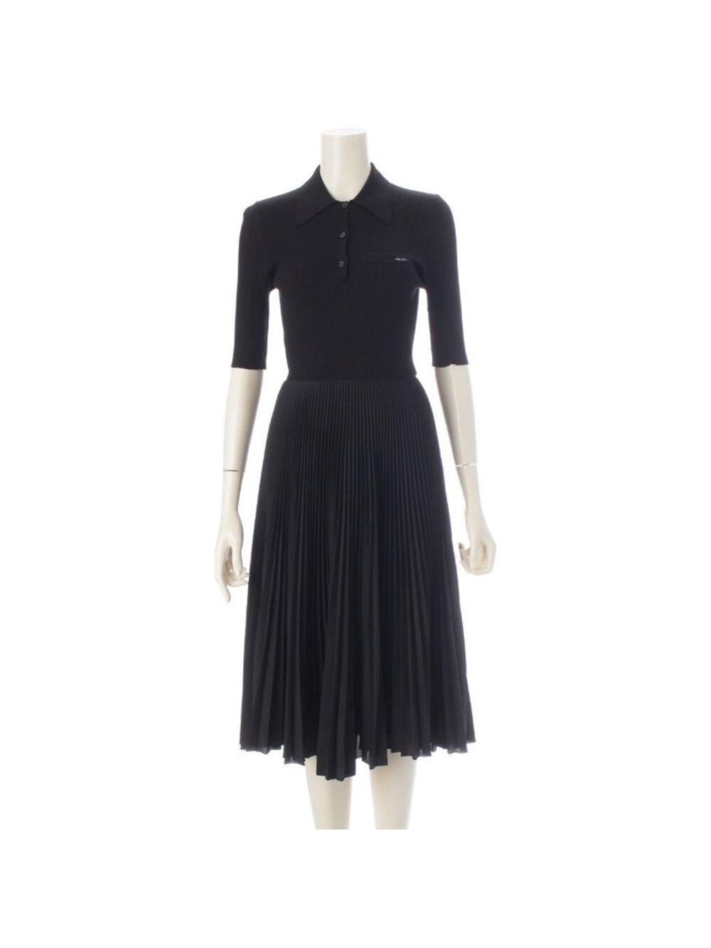 Prada Wool Silk Knit Docking Pleats Long Dress Short Sleeve Black 36